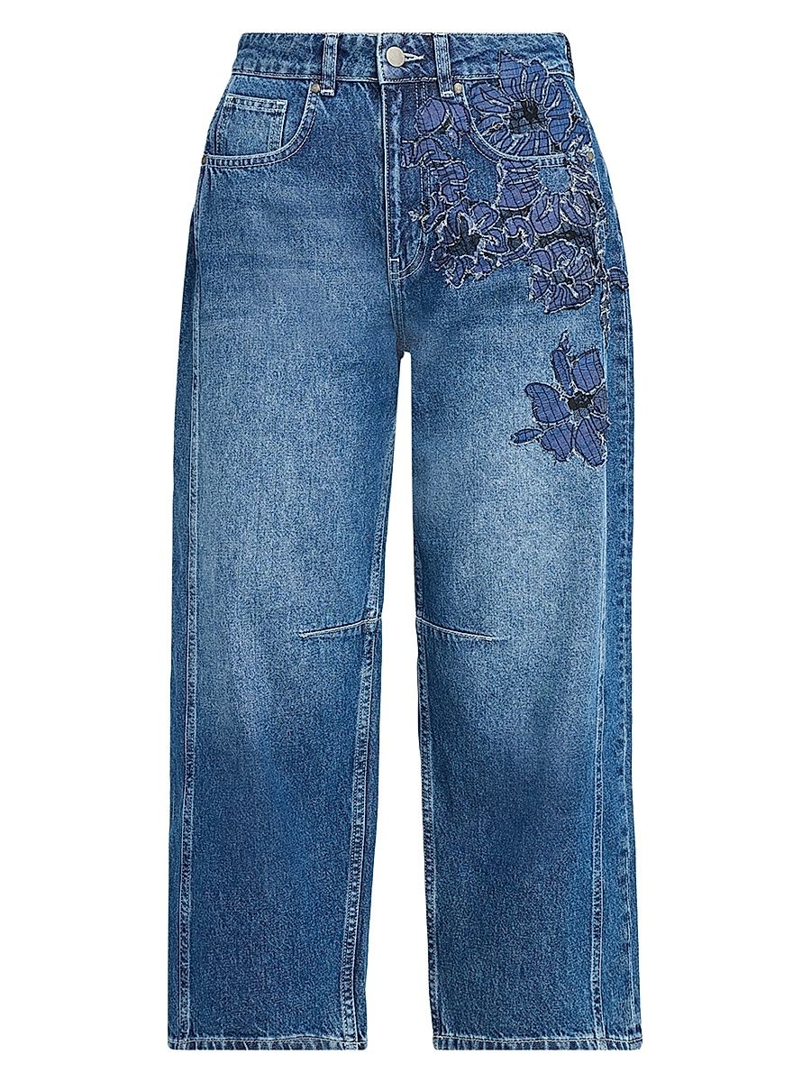 Women's Archie Floral Straight-Leg Crop Jeans - Stone Blue - Size XL