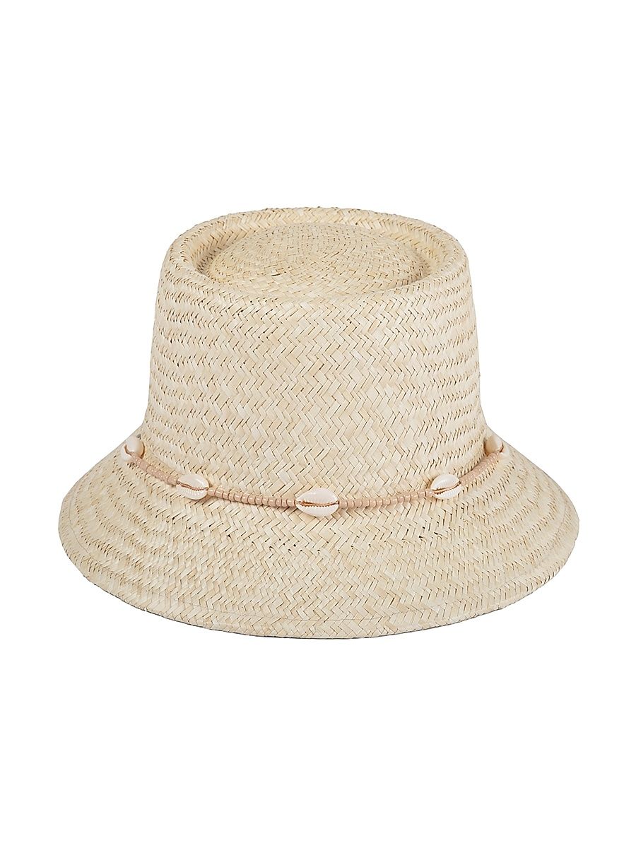 Women's Seashell-Embellished Straw Bucket Hat - Natural - Size Large