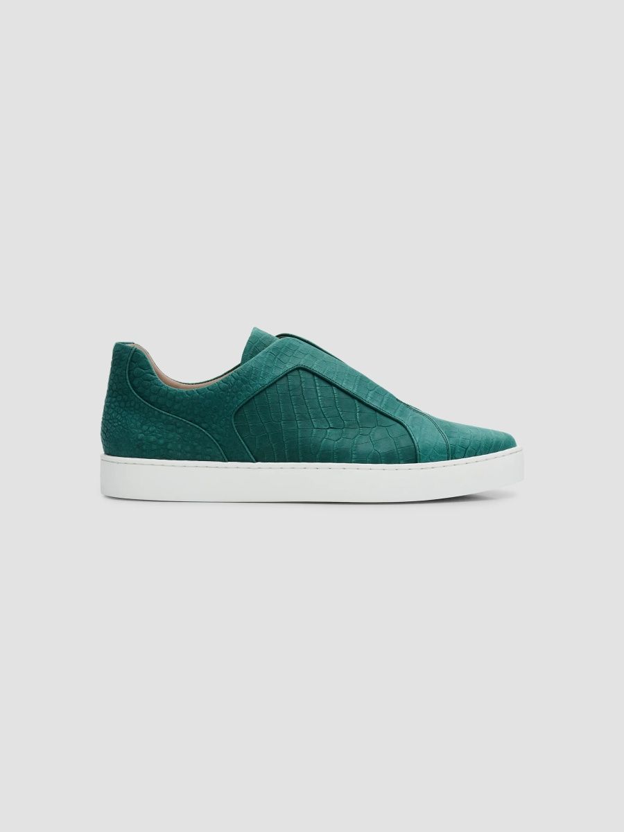 Manolo Blahnik Men's Agilo Croc-Embossed Suede Low-Top Sneakers - Dark Green - Size 8