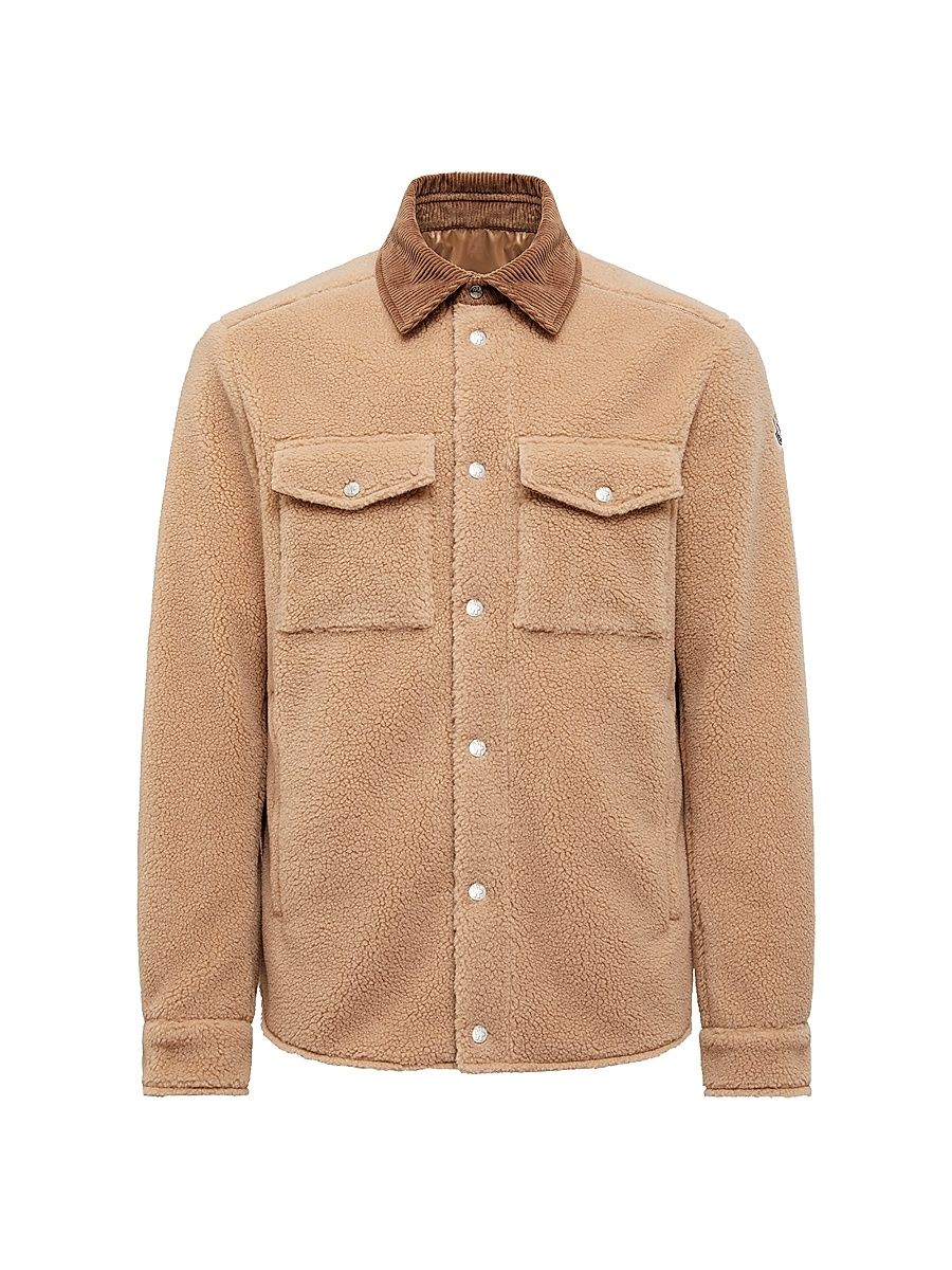 Men's Shacket in Teddy with Corduroy Trim - Beige - Size XXL