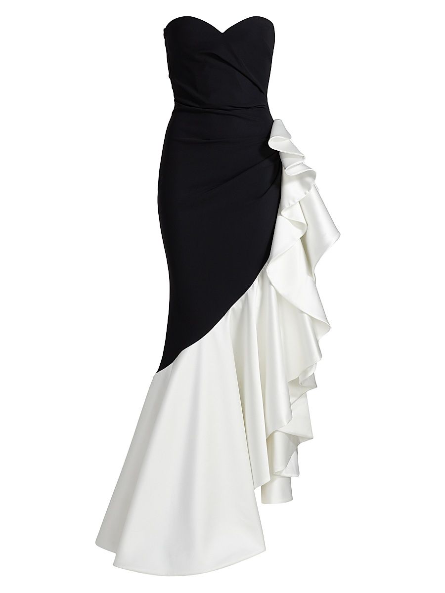Women's Ayat Ruffled Colorblocked Strapless Gown - Black White - Size 8