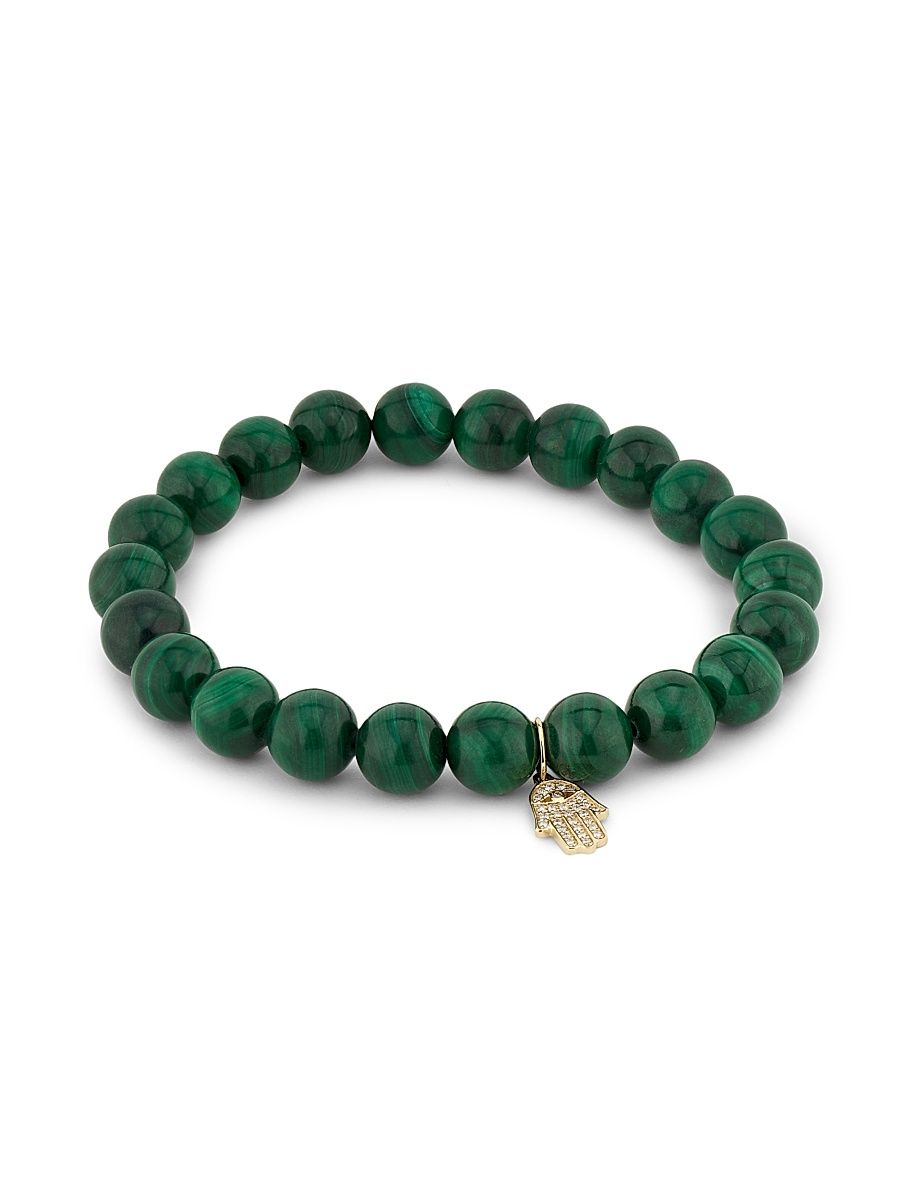 Women's 14K Yellow Gold, Malachite & 0.08 TCW Diamond Hamsa Hand Beaded Stretch Bracelet - Malachite
