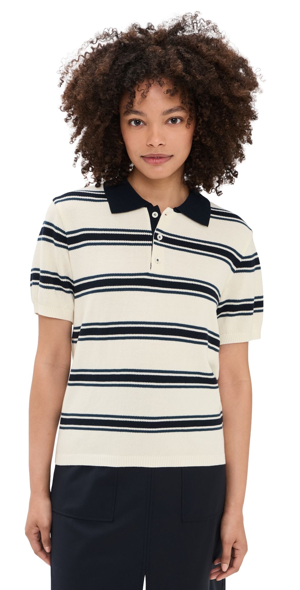 DUNST Unisex Multi Striped Polo Knit Cream/Navy XS