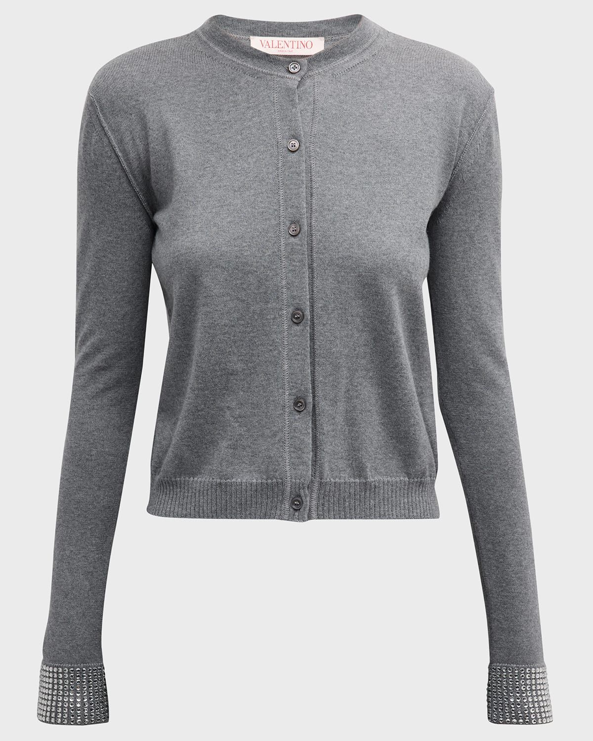 Strass Embellished Wool Crewneck Cardigan