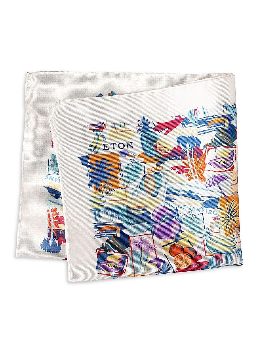 Men's Postcard Print Silk Twill Pocket Square - White