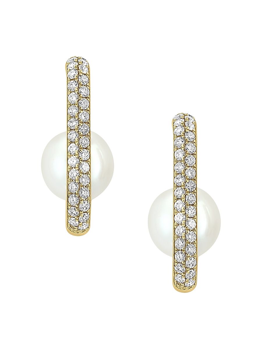 Women's 14K Yellow Gold, Freshwater Pearl & 0.61 TCW Diamond Oval Hoop Earrings - Gold