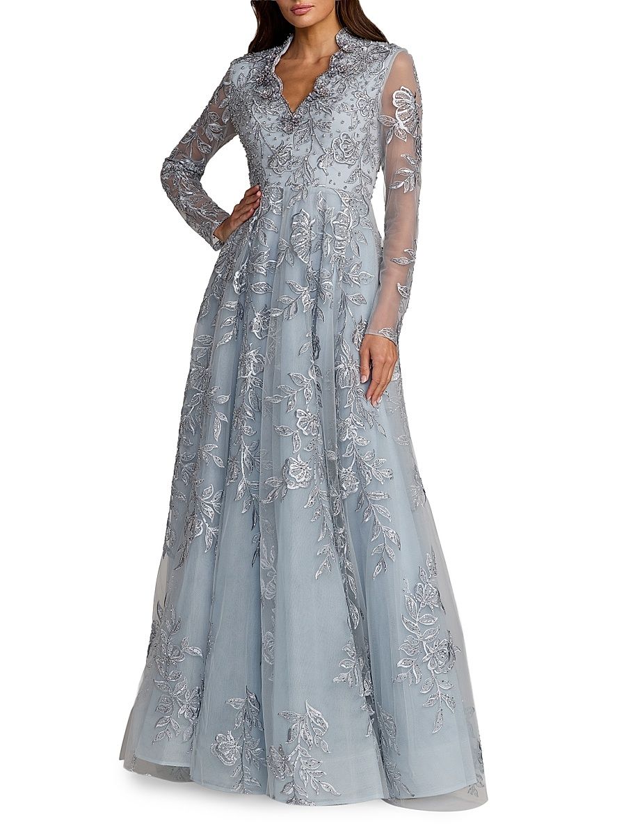 Women's Floral Embroidered A-Line Gown - Slate Blue - Size 10