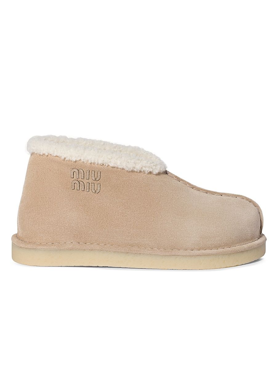 Women's Suede and Shearling Slip-On Booties - Beige Khaki - Size 11