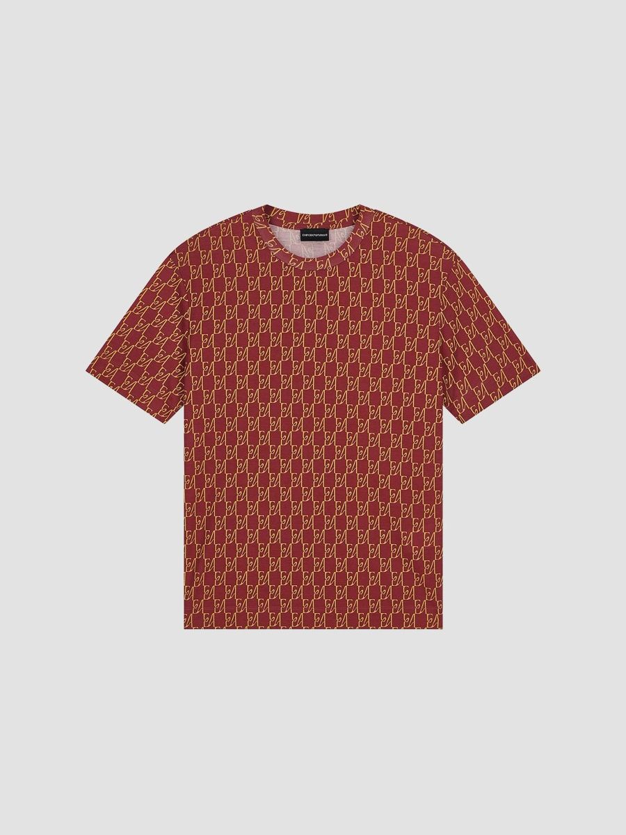 Emporio Armani Men's Monogram Logo Crewneck T-Shirt - Allover Print Merlot - Size XXL