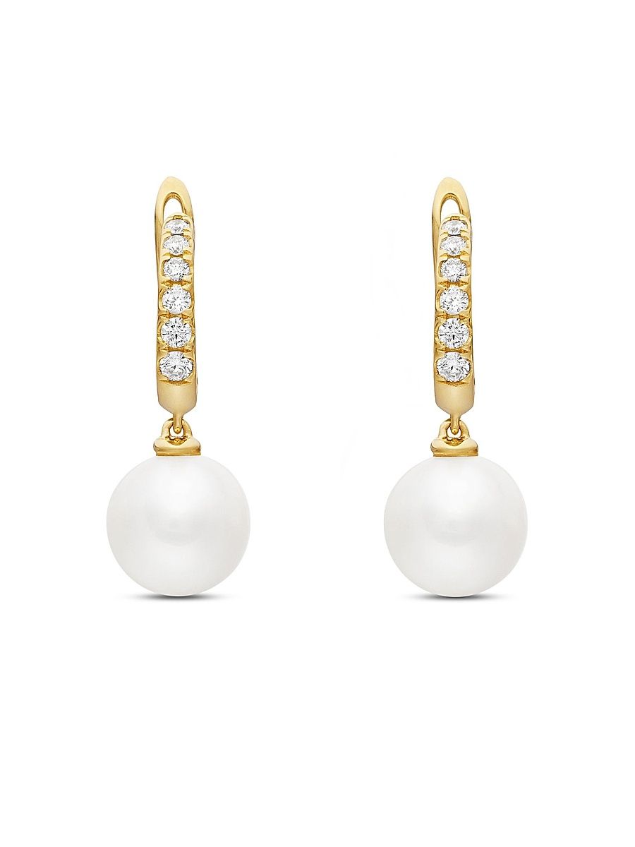 Women's Pearl and Pavé Drop Earrings in 18K Yellow Gold with Pearls and Diamonds, 15.6mm - Pearl