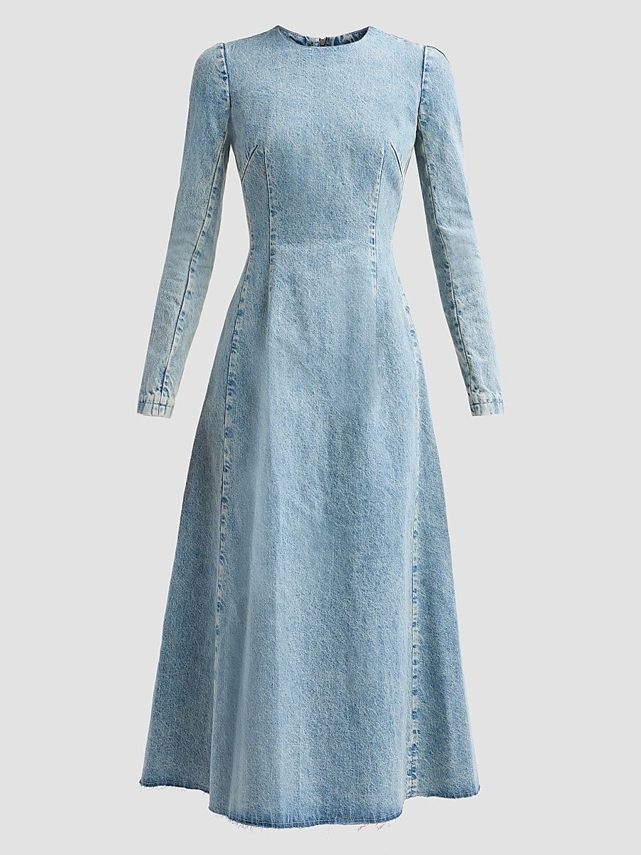 Women's Denim Long-Sleeve A-Line Midi Dress - Iceblue - Size 8