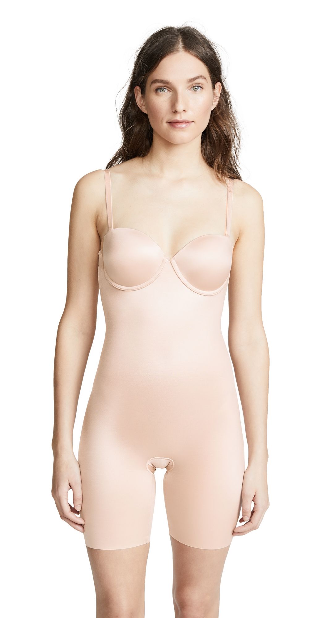 SPANX SPANXshape Suit Your Fancy Strapless Cupped Mid-Thigh Bodysuit Champagne Beige XS
