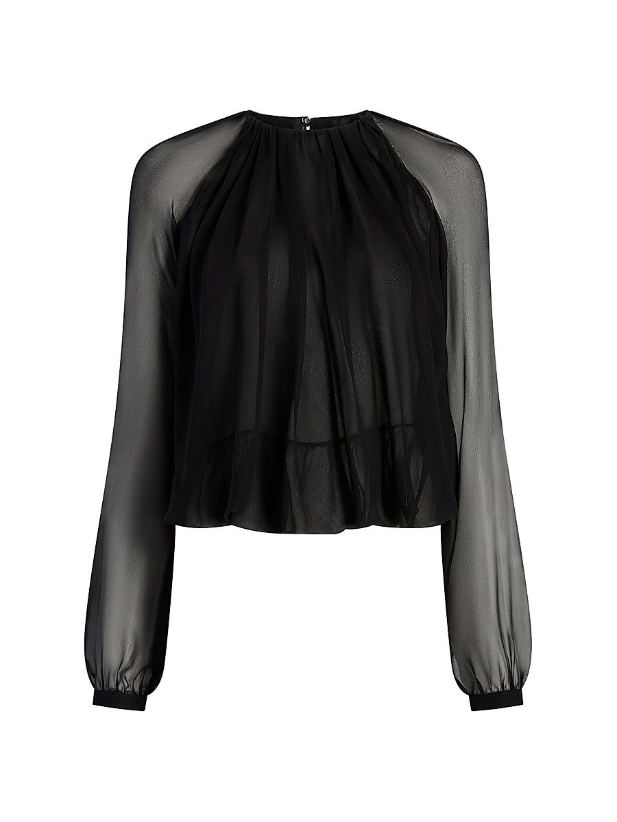Women's Silk Long Sleeve Gathered Blouse - Black - Size 10