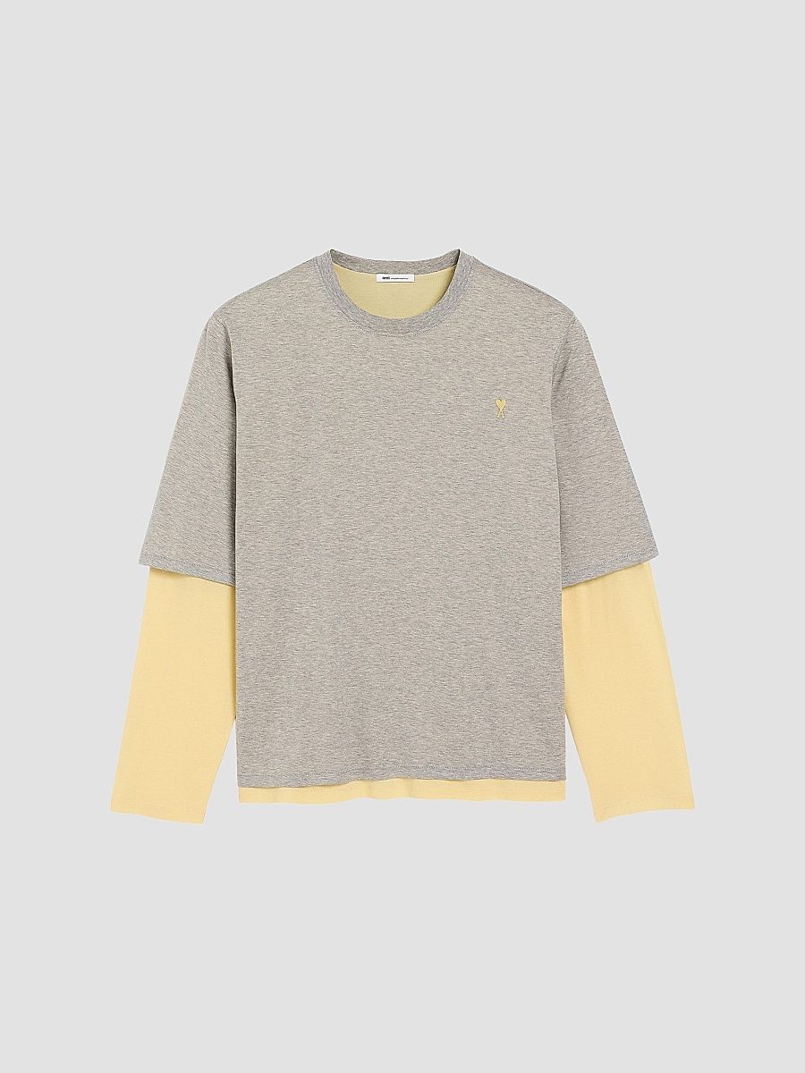 AMI Paris Men's Ami de Coeur Double-Layered Cotton T-Shirt - Gris Chine Clair Jaune - Size XL
