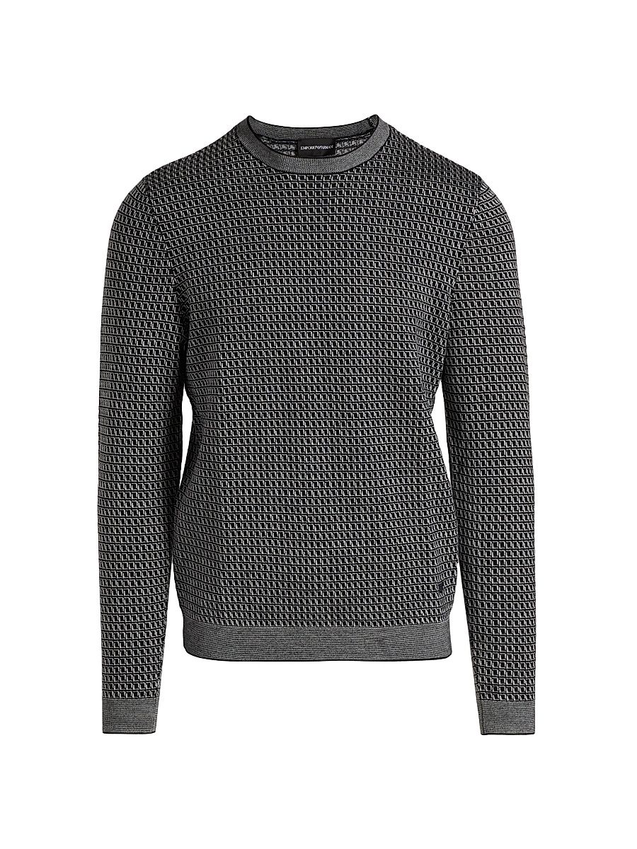 Men's Geometric Virgin Wool Crewneck Sweater - Navy - Size Large