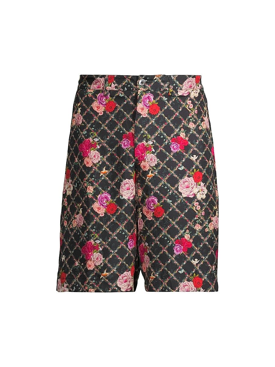 Men's Floral Grid Silk Shorts - Reservation Black - Size Medium