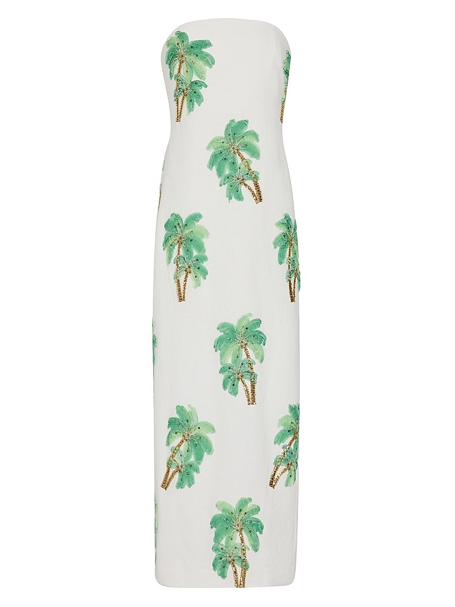 Women's Clara Palm Embellished Strapless Maxi Dress - White Multi - Size 0
