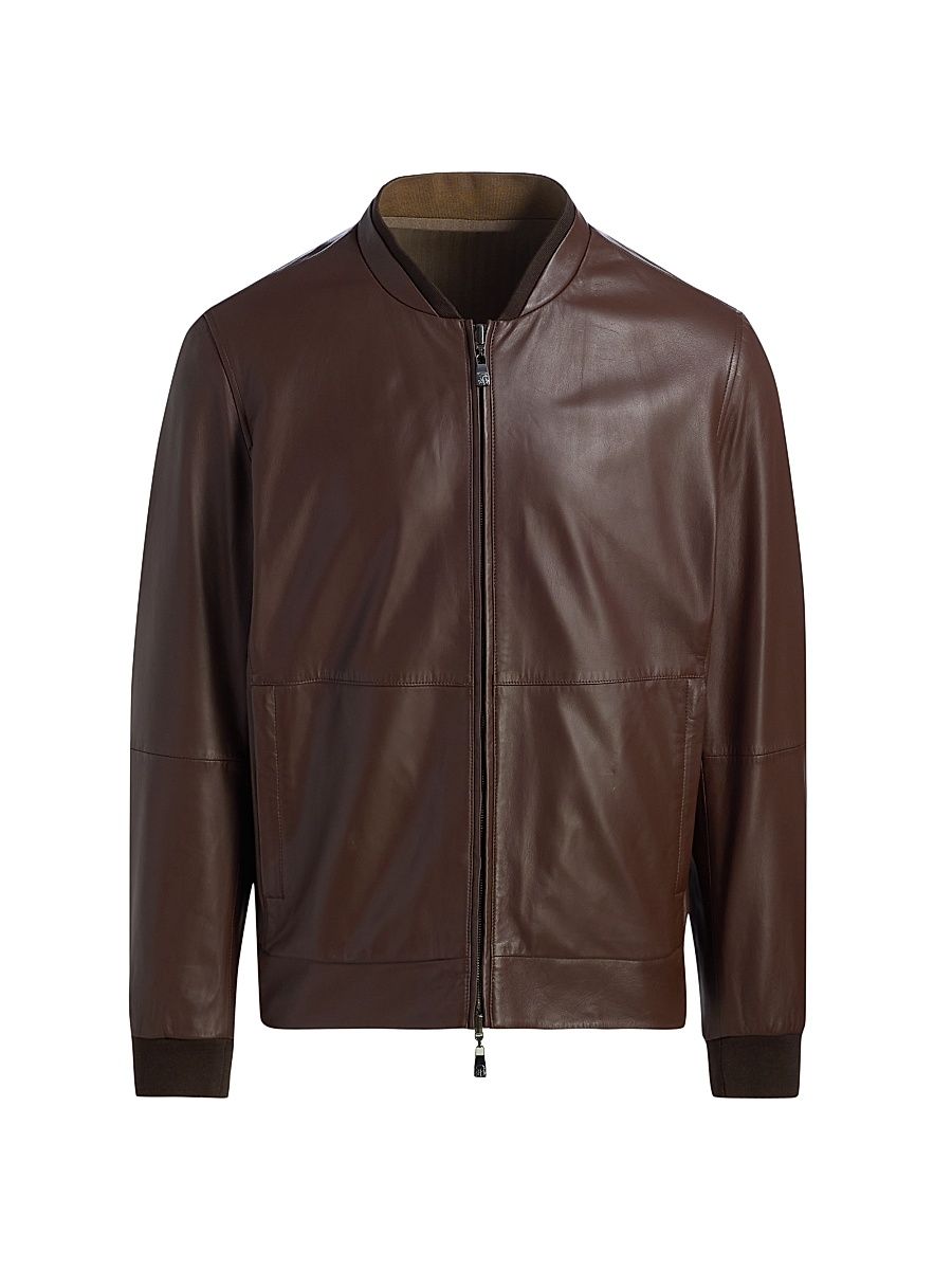 Men's Reversible Leather & Twill Bomber Jacket - Brown Navy - Size 48