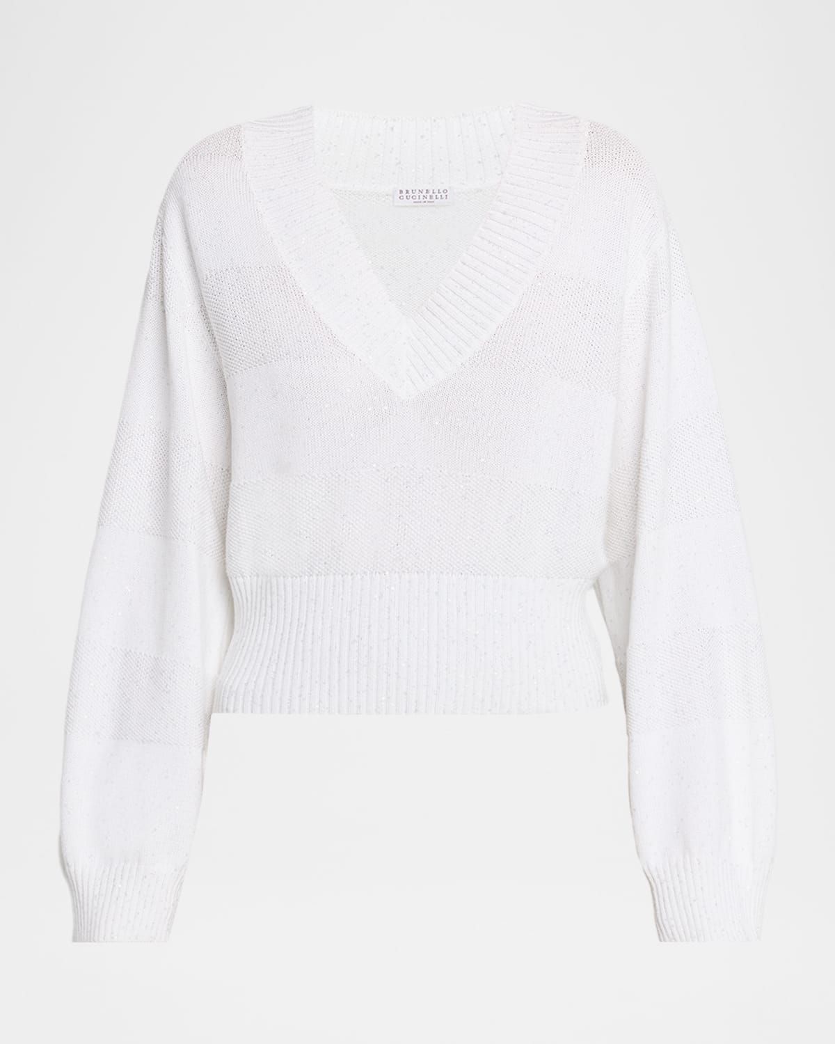 Paillette Striped Linen-Cotton Knit V-Neck Sweater