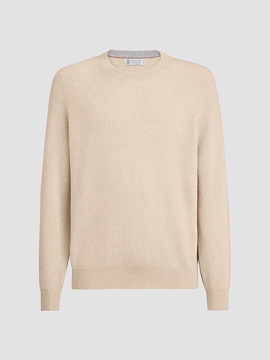 Men's Cashmere English Rib Sweater - Pebble - Size 48