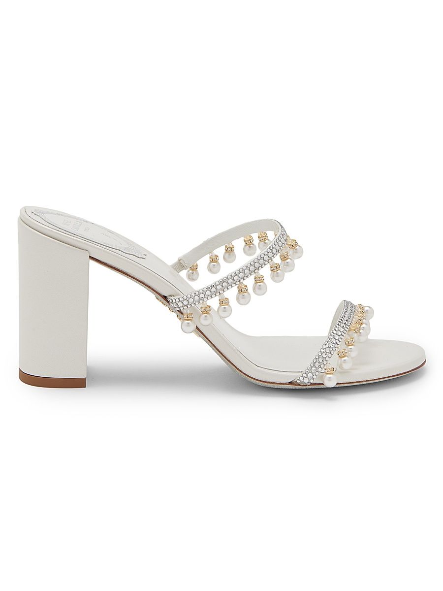 Women's 80MM Chandelier Imitation Pearl & Rhinestone Satin Mules - Ivory Crystal - Size 12