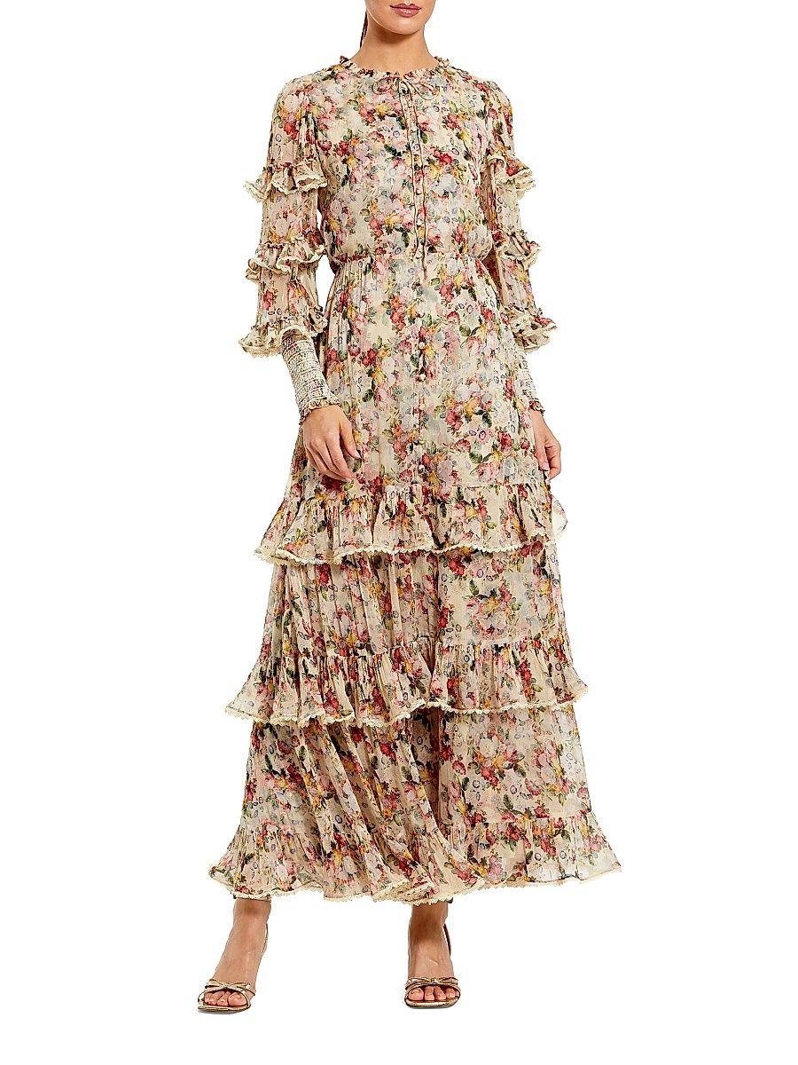 Women's Cocktail Floral Ruffled Long-Sleeve Maxi Dress - Yellow Multi - Size 16