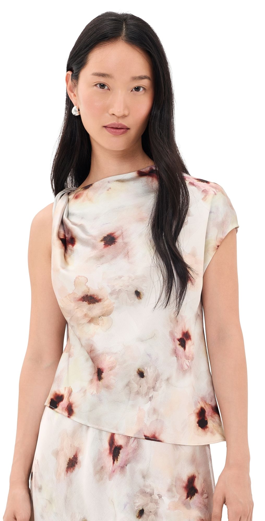 Vince Watercolor Floral Twist Shoulder Top soft peony XS