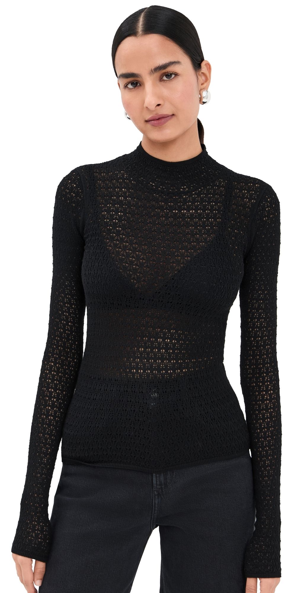 Sablyn Marlo Lace-Like Fitted Mock Neck Tee Black S
