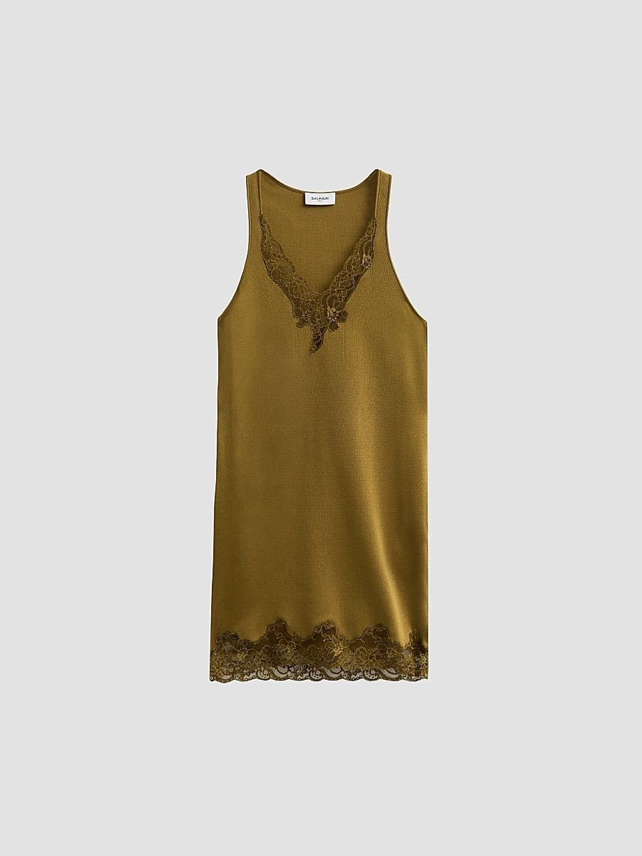 Balmain Women's Lace-Trimmed V-Neck Slip Mini Dress - Green Kaki - Size 14