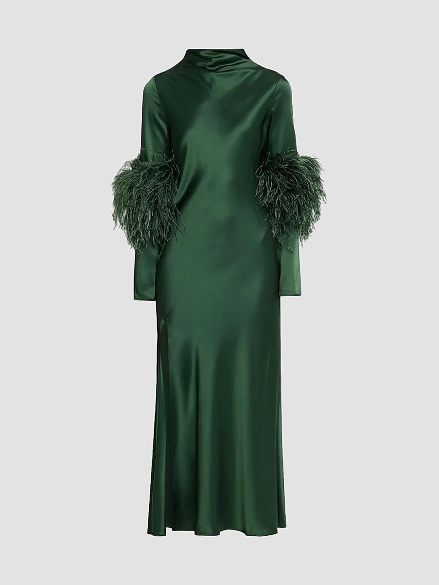 Women's Satin Feather-Trimmed Bias Midi Dress - Forest - Size 0