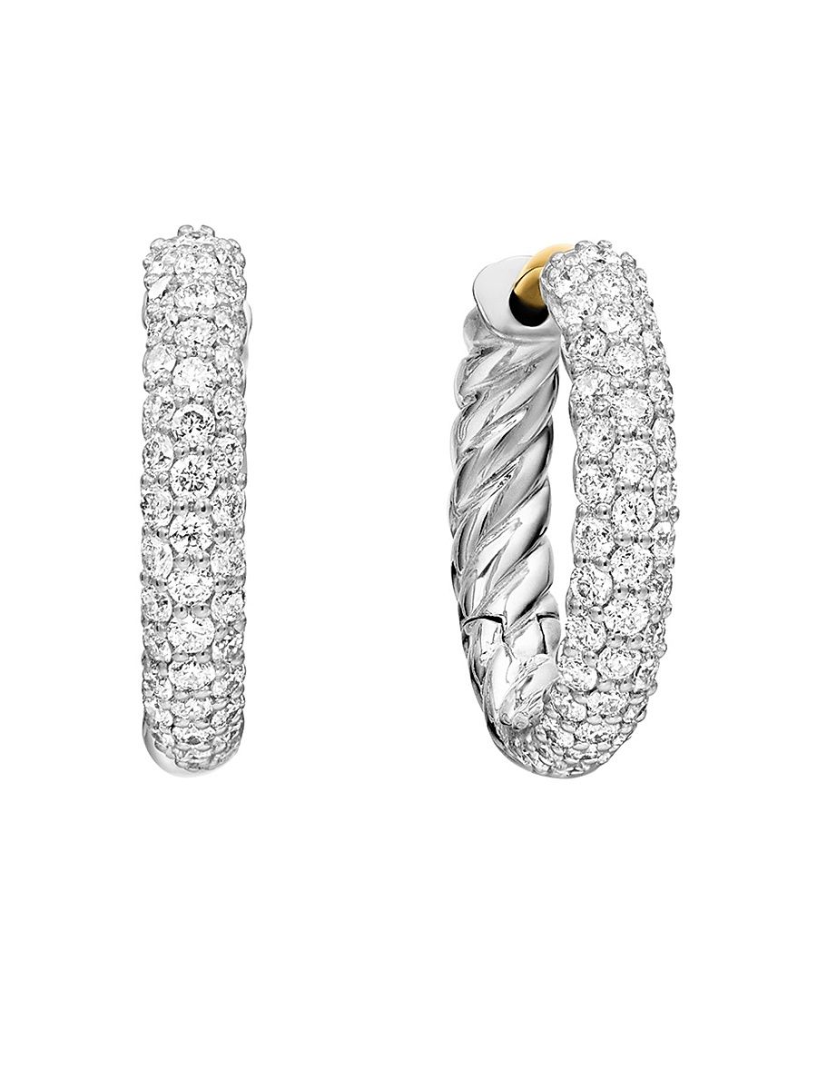 Women's Petite Pavé Huggie Hoop Earrings in Sterling Silver with Diamonds, 14mm - Diamond