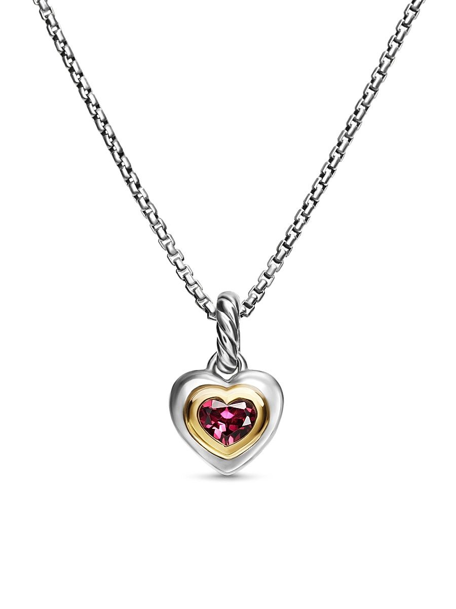 Women's Petite Cable Heart Pendant Necklace in Sterling Silver, 14K Yellow Gold and Rhodolite Garnet, 17.1mm - Rhodolite Garnet