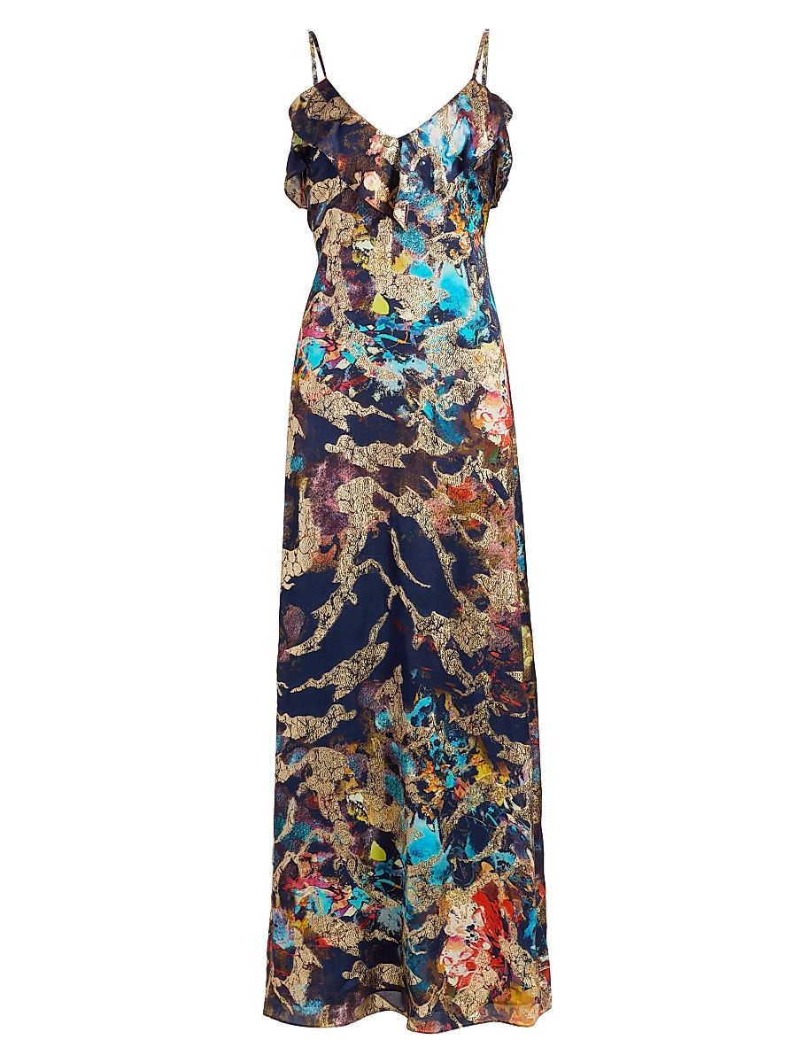 Women's Cheri Printed Ruffled Gown - Navy Combo - Size 16