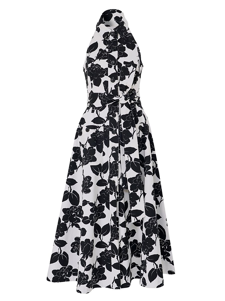 Women's Halter Button-Front Midi-Dress - White Black - Size 12
