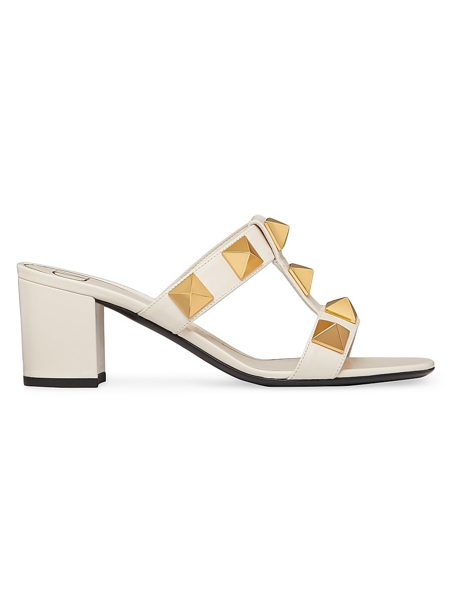 Women's Roman Stud Calfskin Slide Sandals 60mm - Light Ivory - Size 7