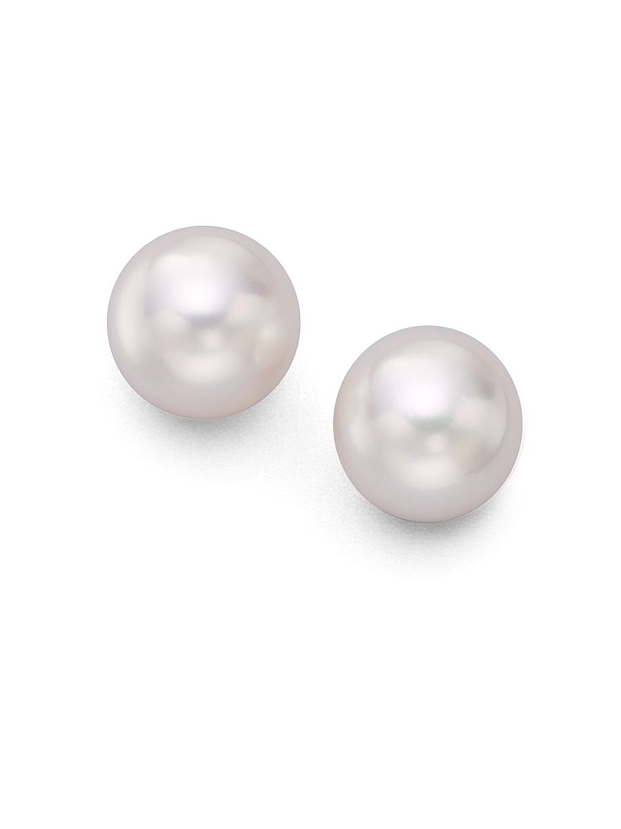 Women's 7.5MM White Cultured Akoya Pearl & 18K White Gold Stud Earrings - White