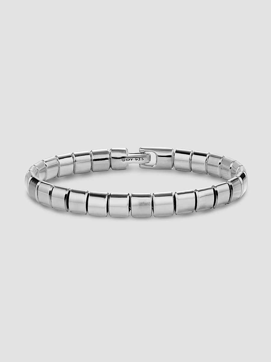 Men's Spiritual Beads Flat Bead Bracelet in Sterling Silver, 8MM - Silver - Size Small