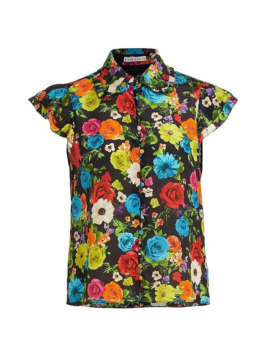 Women's Martel Flutter-Sleeve Silk Button Down Top - Flower Garden - Size XL