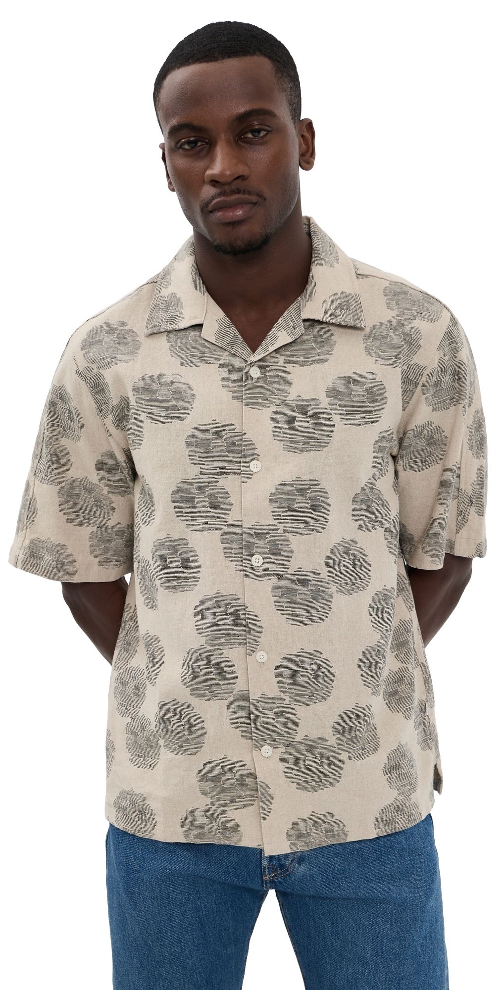 NN07 Ole Printed Linen Shirt Oatmeal L