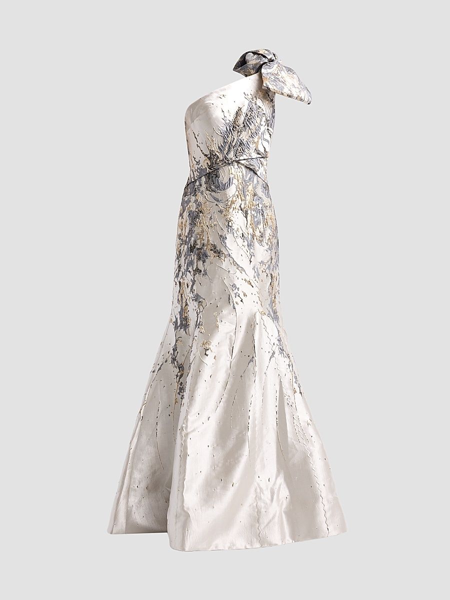 Women's Brocade One-Shoulder Mermaid Gown - Champagne Grey - Size 16