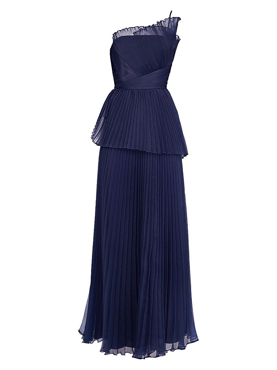 Women's Delphine Pleated One-Shoulder Organza Gown - Navy - Size 16