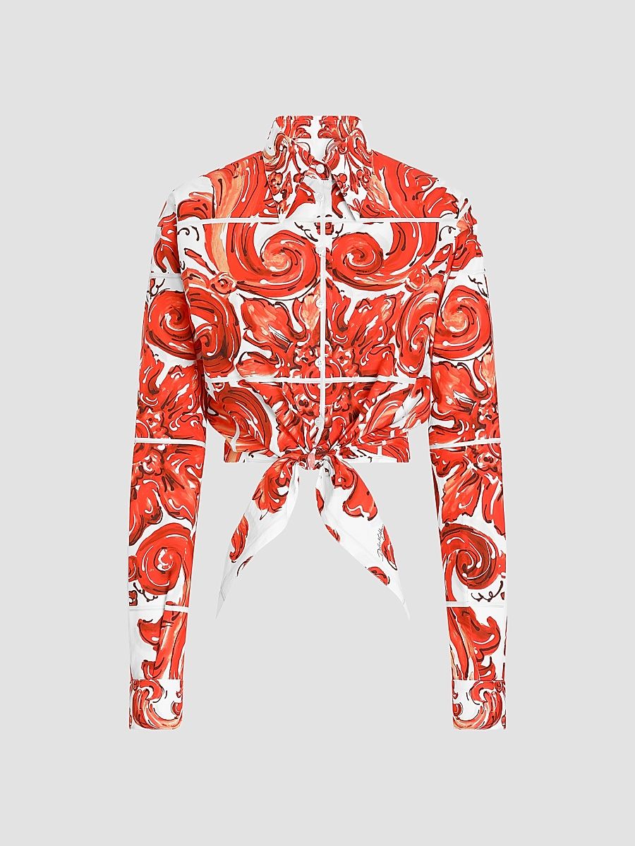 Women's Maiolica Cotton Poplin Long-Sleeve Crop Shirt - Variante Abbinata - Size 12