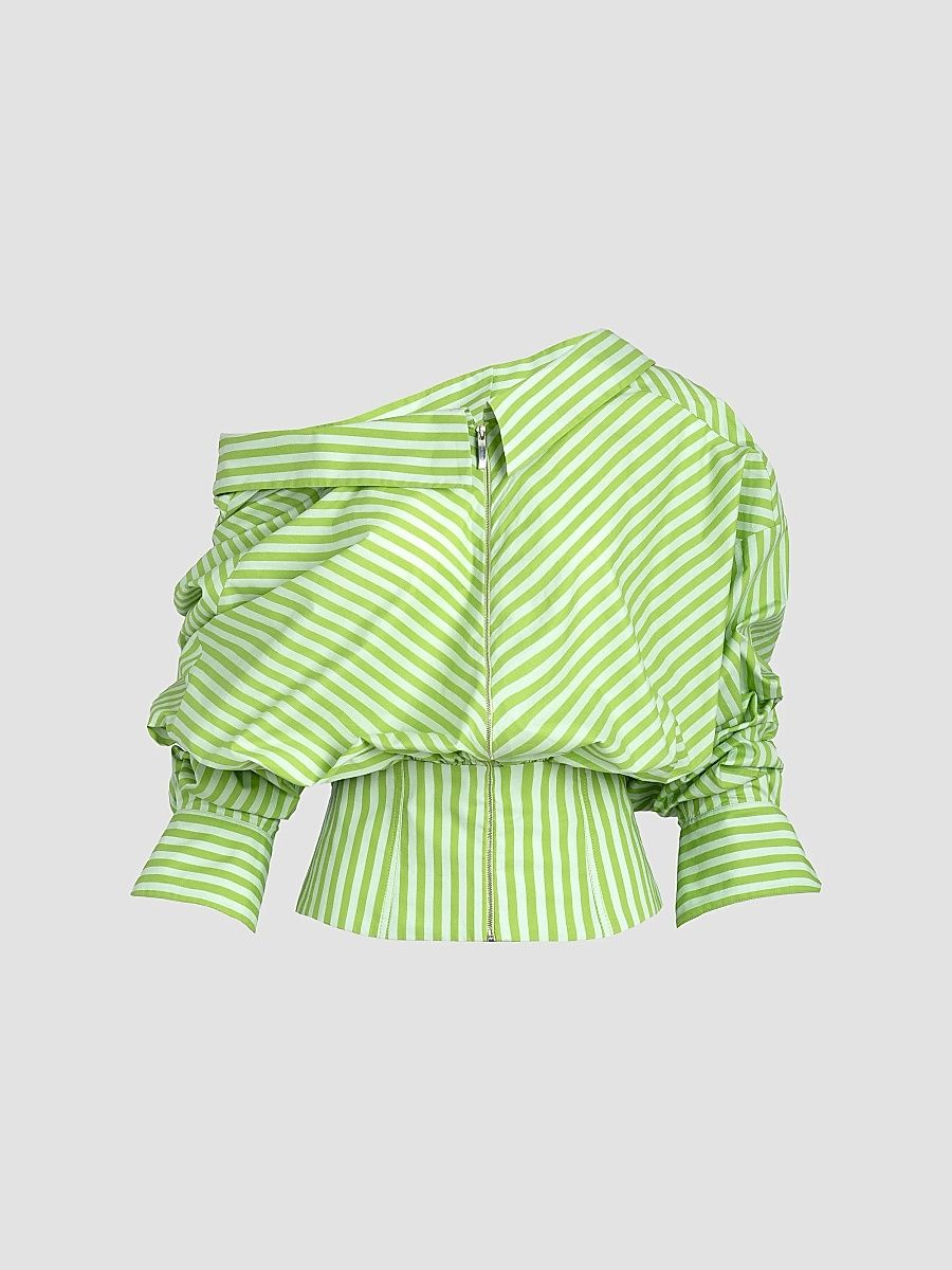Silvia Tcherassi Women's Skye Striped Cotton Asymmetric Blouse - Green Stripes - Size Small