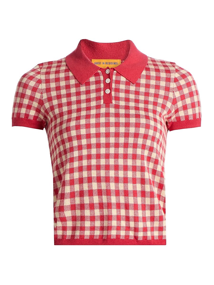 Women's Gingham Silk-Linen Shrunken Polo Shirt - Suede Limewash - Size Medium