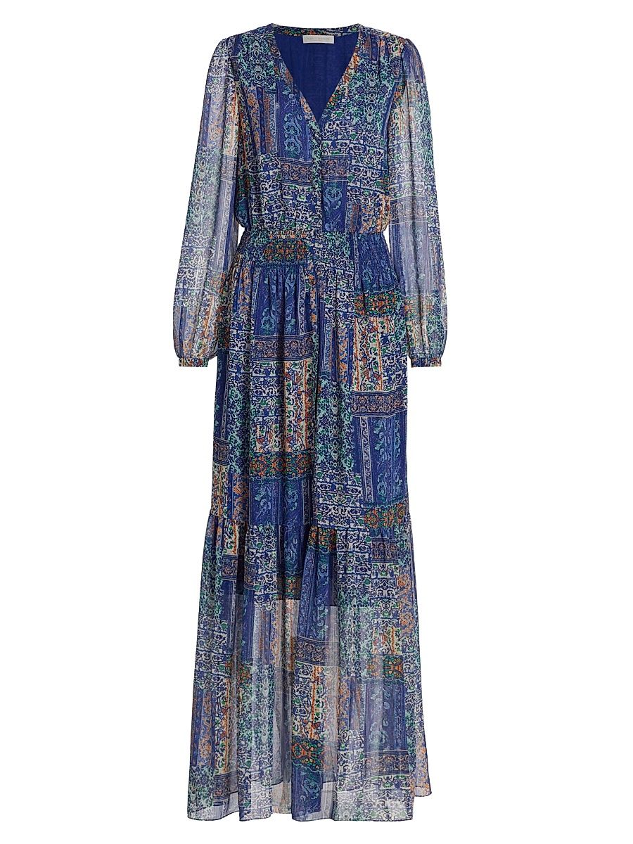 Women's Bobbi Printed Button-Front Maxi Dress - Cabana Blue Multi Patchwork - Size Small