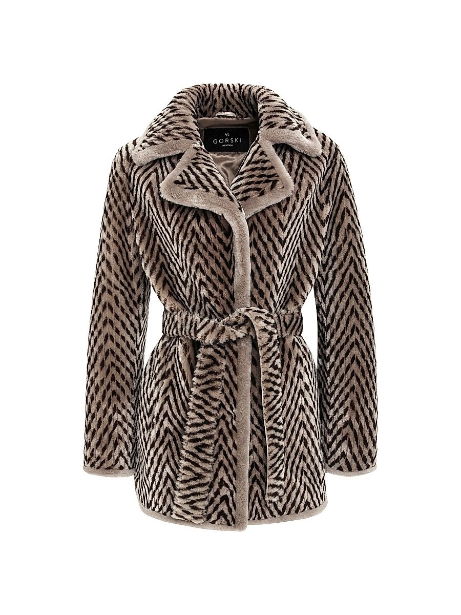 Women's Chevron Printed Grooved Shearing Lamb Jacket - Taupe - Size XL