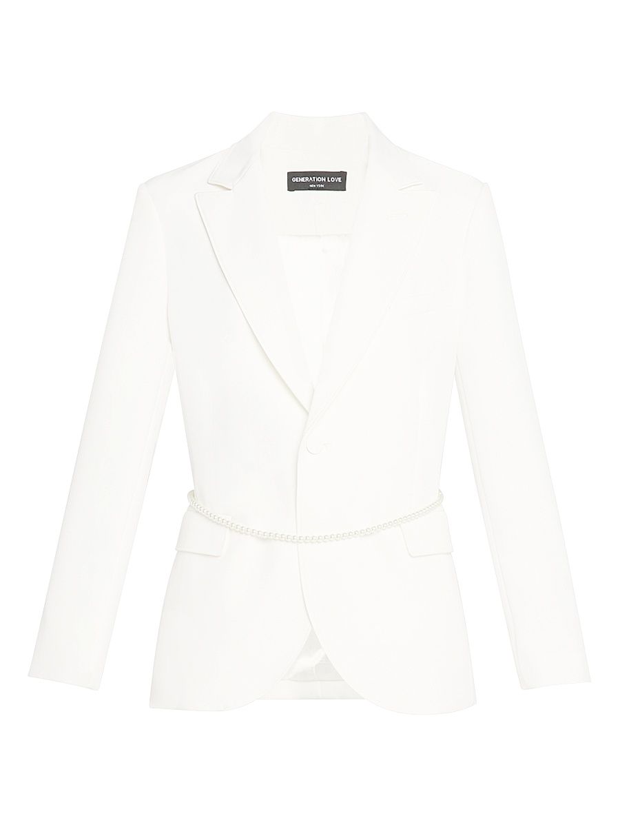Women's Martina Pearl Belted Crepe Blazer - White - Size XXS