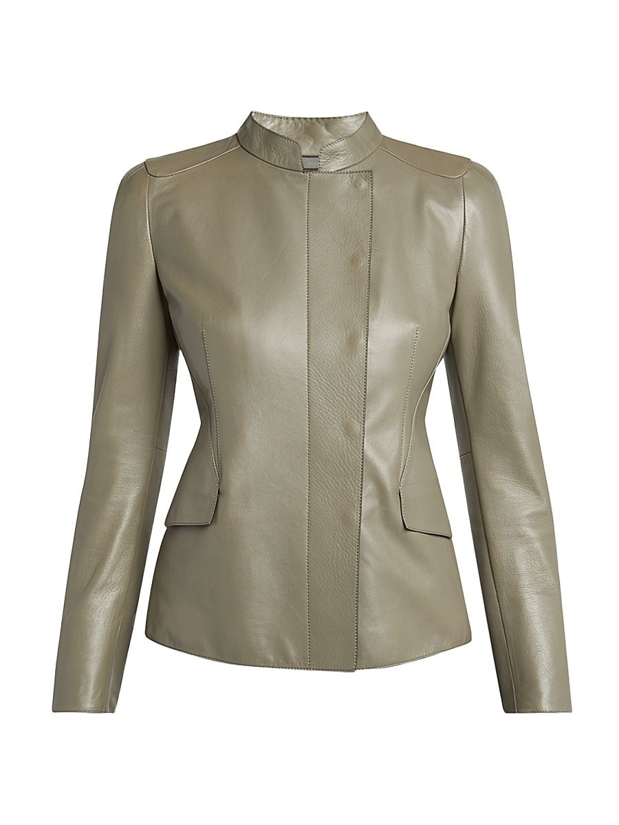 Women's Leather Tailored Jacket - Dark Beige - Size 8