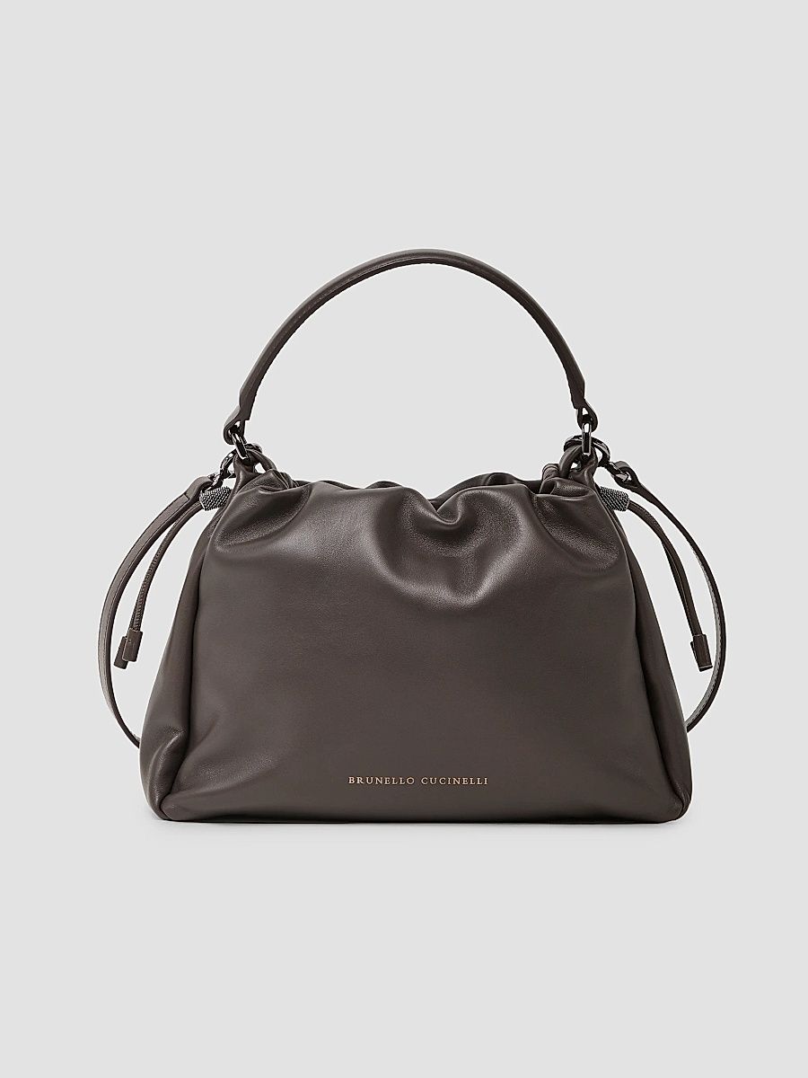 Women's Mellow Small Bucket Bag in Soft Leather with Monili - Rust Brown