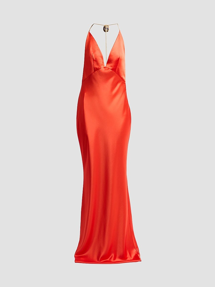 Women's Arianell Plunging Satin Maxi Dress - Geranium - Size XS